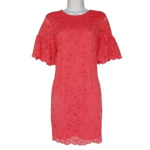 ANN TAYLOR Coral Pink Paisley Lace Ruffle Bell Sleeve Dress 8P NWT